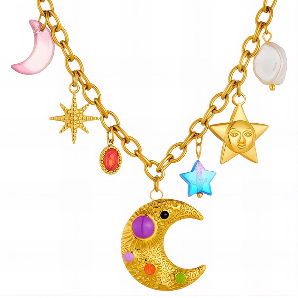18k Gold Platen Moon & Star Charm Necklace with Multicolor Accents